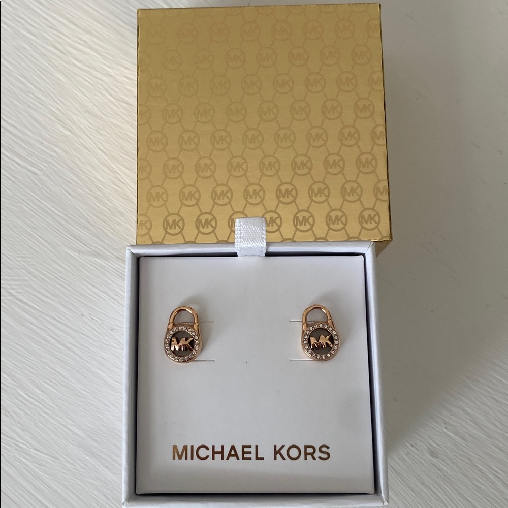 Michael Kors Rose Gold Padlock Logo Crystal Stud Earrings - Picture 7 of 12